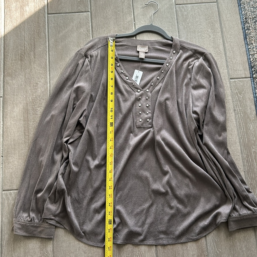 Chico’s size 3 NWT embellished faux suede long sleeve shirt. Hearthstone Taupe. - Picture 7 of 9